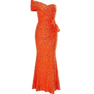 Glamorous One Shoulder Orange Sequin Gown by Missord